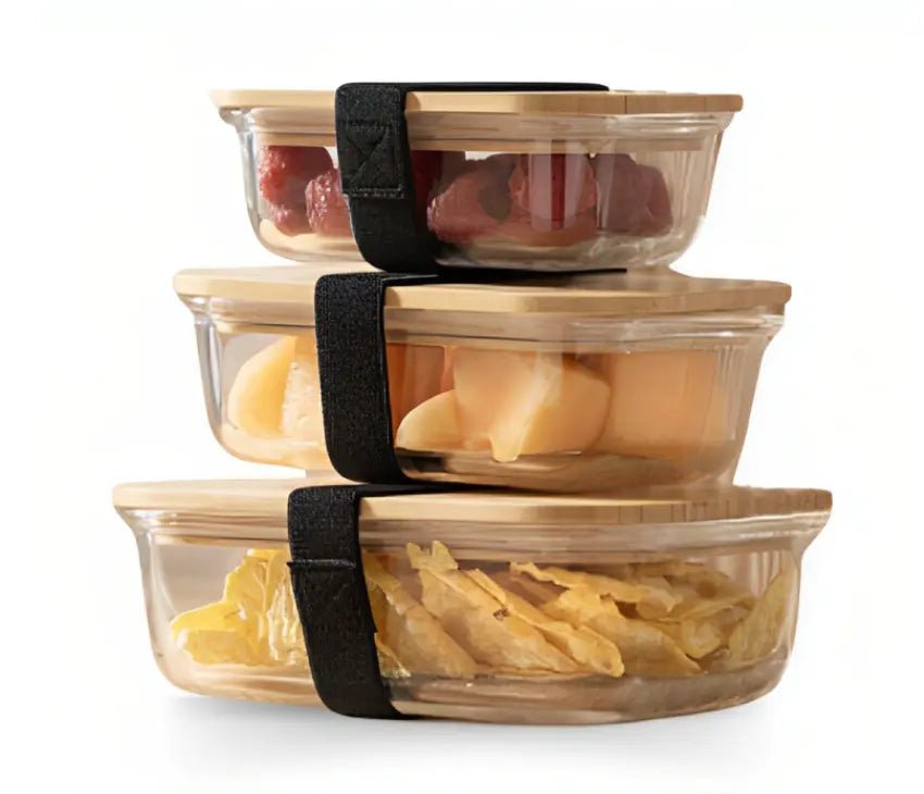 Glass Food Storage Containers Set of 3 with Bamboo Lids & 3 Stretchable Bands