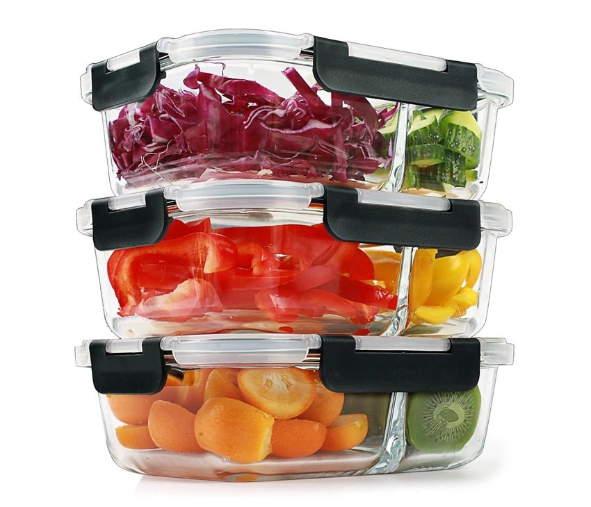 2-Compartment Glass Meal Prep Containers Set of 3 with Snap Lock Lids